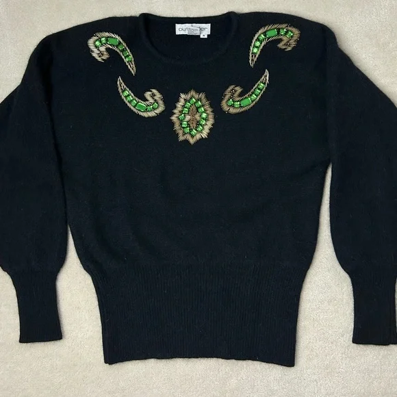 Outlander Vintage Lambswool Angora Sweater Women's Medium Beaded Black Gold - Picture 1 of 11